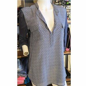 Babaton Blue Geometric Print  Semi Sheer Back Silk Blouse Tunic Large